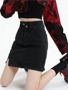 Black Asymmetrical Hem Denim Mini Skirt Womens High Waist A-Line Bodycon Summer plus Size Slimming New Style Half-length Skirts