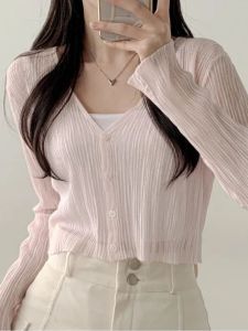 Chic Summer Sun Protection Ice Silk Long Sleeve Short Coat Womens Versatile Lightweight Cardigan Outerwear Korean Style Straight Cut