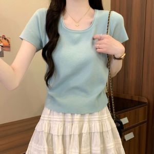  Style Short Sleeve Knitted Top Womens Square Collar Pleated Slim Fit Summer New Arrival Korean Fashion Mini Length