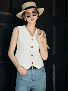Elegant White Suit Jacket Vest Womens Short Outerwear Summer 2025 Waist-Cinching Sleeveless Shoulder Pad Top Commute Style