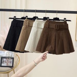 High Waist A-Line Mini Skirt Corduroy Pleated Womens Fashion Commute Style Zipper Waist Belt Short Skirts Korean Version