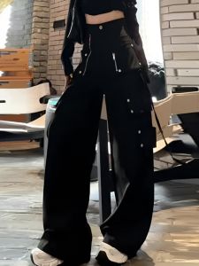 Trendy Stylish Wide-Leg Overalls Womens Summer New Arrival American High Waist Black Multi-Pocket Loose Draggle-Tail Trousers