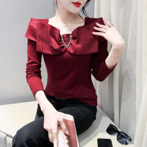 Yimei 2023 Mới Nhất Đẹp Tay áo dài T-Shirt Với Cao Cảm Giác thiết kế chất lượng dây nơ Cổ Vuông Của Phụ Nữ áo đỏ