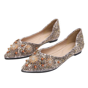 Comfortable Pearl Flat Shoes Womens Spring 2025 Pointed Toe Low Heel Silk Velvet Fashionable Embellished Diamond Slip-On