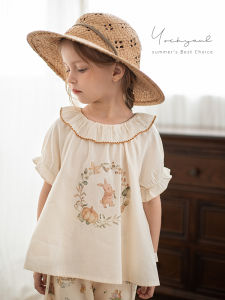 Loose Bubble Sleeve Shirt for Girls Rabbit Doll Print Casual Cotton Blend Fabric Summer Shirt with Ruffle Collar And Wave Design