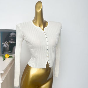 Retro Korean Style Womens Long Sleeve Knitted Cardigan Slim Fit Short Length Spring Summer New Style Half Open Collar Buttoned Coat