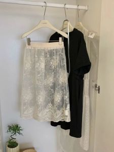 Retro Elegant Mid-Length A-Line Skirt Lace Hook-Design Translucent Versatile Half Skirt Curtain Skirt for Young Women