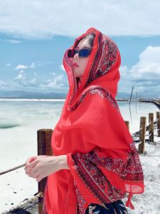 ผ้าพันคอไหมลายดอกไม้สไตล์ชาติพันธุ์สำหรับผู้หญิง ผ้าคลุมไหล่กันแดด ผ้าไหมบาง สำหรับการเดินทาง ฤดูใบไม้ผลิและฤดูใบไม้ร่วง