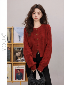 YOUXIANG | Áo Sweater Dài Tay Phong Cách Vintage Màu Đỏ