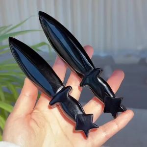 Dao Pha Lê Obsidian Chạm Khắc Thủ Công - Kiếm Pha Lê Đá Tự Nhiên - Quà Tặng Pha Lê Độc Đáo Chủ Đề Hoa Phong Cách Địa Trung Hải