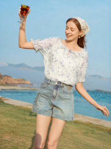 XIANGYING | Floral Ruffle Loose Rayon Blouse Short Sleeves
