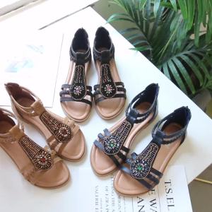 Xăng đan có dây đeo ST35-42 Giày nữ đế bằng gót thấp có dây kéo da mềm đính đá đính cườm Giày đế bằng đi ăn tối giày cao su bán chạy cho nữ l1128
