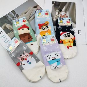 South Korea Import Crayon Xiaoxin Cartoon Anime Flocking Color Matching Fashion All-Match Fall and Winter New Arrival Ladies Short Cotton Socks