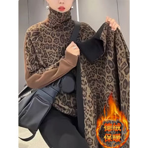 Áo Nỉ Cổ Cao Họa Tiết Da Báo Hai Mặt Dày Dặn Mềm Mại Dài Tay Mùa Xuân 2025 Cho Nữ
