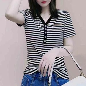 100KG Fat Girl Can Wear Internet Celebrity Summer Women Clothes New Style Short Sleeve T-shirt Stripe Avocado green Sport Casual Stretch Bottoming shirt Lady V Neck Tops