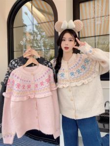 Sweet Anti-Aging Butterfly Knot Long Sleeve Knitted Sweater Womens Autumn Winter New Style Soft Loose Color Block Knitwear