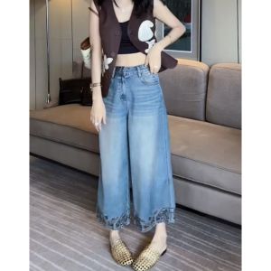 กางเกงยีนส์ทรงตรงผ้าฝ้ายลายดอกไม้เอวสูง กางเกงขายาวทรงหลวมสไตล์ชาติพันธุ์ แฟชั่นฤดูร้อน สำหรับผู้หญิงวัย 18-48 ปี