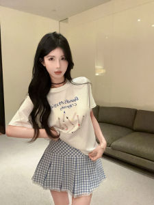 GUZILIAN | Summer New Sweet Spicy Girl Versatile Print White T-Shirt Top Fresh Plaid Short Skirt Fashionable Two-Piece Set Women