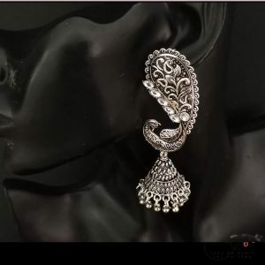 TRIBAL PEACOCK CARVED LONG EARRING FOR WOMEN TRENDY AFGHAN SILVER COLOUR BELL DANGEL EARRING