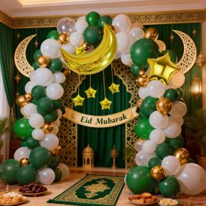 106Pcs Eid Mubarak Balloon Arch Kit Dark Green and White Gold Latex Balloons with Moon and Star Foil Balloon Decorations for Ramadan Festival Party Decoration Eid Celebration Decoration
