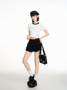 BAIDAIFEI | White Polka Dot Bowtie Design Short Sleeve T-Shirt Summer Slim Fit Round Neck Ballerina Style Top