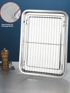 Commercial Stainless Steel Mesh Tray Oil Drain Plate Rectangular Barbecue Food Serving Tray with Mesh Oil Control Rack