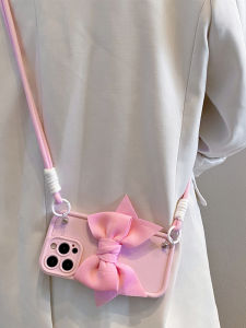 Pink Butterfly Knot Silicone Phone Case with Wristband And Crossbody Strap for  16/15/14/13Promax Creative Protective Cover
