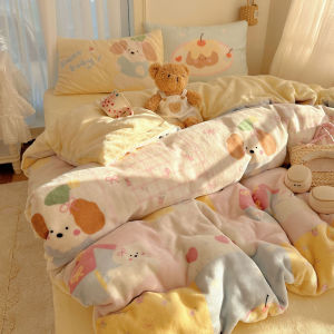 Thickened Milk Velvet Bedding Set Cartoon Winter Warm Fleece 1.5m Bed Sheet Cover Dormitory Three-piece Set Girls Heart