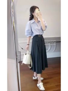 Autumn Elegant Style Casual Chic Blue Blouse and Skirt