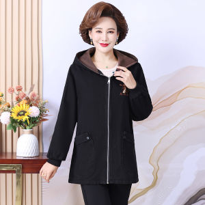 plus Size Cotton Denim Jacket for Middle-Aged And Elderly Women Spring Autumn Loose Fit Hooded Mid-Length Outerwear