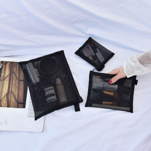 HNKMP Túi trang điểm lưới màu đen Túi đựng mỹ phẩm cho nữ Túi đựng đồ du lịch xách tay L