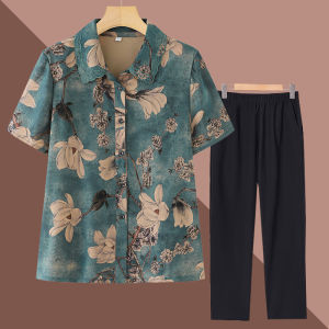 Elegant Short Sleeve Loose Womens Shirt Set for Middle-Aged And Elderly Summer Fashion Grandmothers Clothing Nine-Piece Pants