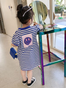 Girls Summer Stripe T-Shirt Dress Korean Style Loose Childrens Fashion Short Sleeve Midi Skirt Bubble Sleeve round Neck Dress