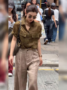 DANTING | Elegant Brown Shirt Khaki Wide Leg Pants Linen Set Summer