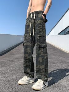 กางเกงยีนส์ทรงหลวมสไตล์ฝรั่งเศสสำหรับผู้ชาย กางเกงขายาวทรงตรงลายพราง กางเกงขายาวทรงลำลองสำหรับเล่นกีฬากลางแจ้ง