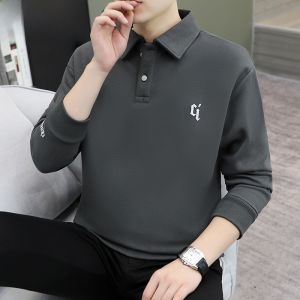 HENGYUANXIANG | Hengyuanxiang Embroidered Long Sleeve Polo Shirt Mens Loose Casual Turn-down Collar Sweatshirt Autumn Fashion Youth Cotton Polyester