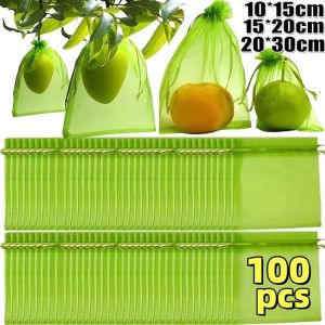 ถุงป้องกันผลไม้100/50ชิ้นพร้อมถุงตาข่ายสำหรับป้องกันผลไม้แบบหูรูดถุงป้องกันสำหรับสตรอเบอรี่ถุงของขวัญผ้าโปร่งใส