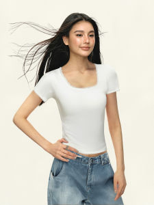 White Lace Short Sleeve T-Shirt Womens Summer Spring New Style Hot Girl U-Neck Design Korean Version Slim Fit Pure Color