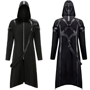 Mens Long Hooded Leather Jacket with Cross Zipper for Halloween Terror Party Cosplay Top Quality Modal Fabric Chinese Brand