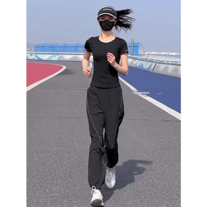 Shalldoer | Slim Fit T-Shirt And Pants Set Womens Summer Round Neck Short Sleeve Long Pants Two-Piece Suit Comfortable Breathable Casual Wear