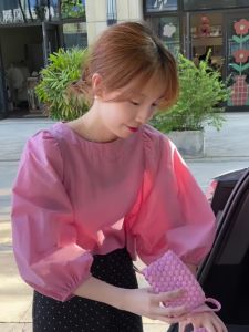 Pink Bubble Sleeve Long Sleeve Chiffon Shirt Womens Loose Slimming Summer New Style High-End Feeling Top round Neck Pure Color