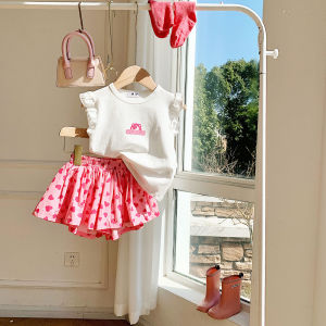 New Summer Girls Short Sleeve Ruffle Hem Outfit Floral Print Korean Style Cotton Thin Material Childish Cute Two-Piece Set