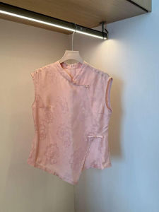 Shalldoer | New Chinese Style Irregular Pattern Stand Collar Sleeveless Shirt Womens Fashion Design Summer Top Casual Straight Cut Decorative 3 Button Closure