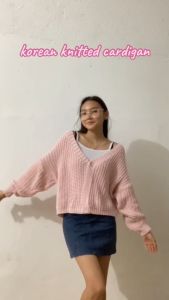 Korean Fashion all-match v neck Knit cardigan short long sleeve sweater for women tops Clothes Knitwear