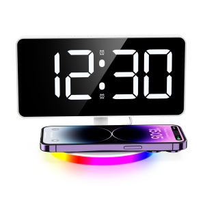 Brifit 7.4 -Inch Digital Alarm with Wireless Charging Function Desktop Clock High -Definition Mirror LED Alarm Clock 12/24 Hours RGB Night Light Maximum 15W Wireless Charging Suitable for iPhone Huawei And Other Mobile Phones That Support Qi