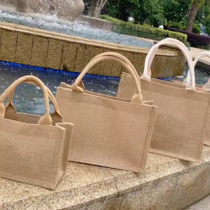FAMILY`S CHOICE Linen Hand Bag Abaca Bag DIY Hand-painting Tote Bags Reusable Jute Bag Natural Burlap Sling Shoulder Bag Portable Shopping Bag Linen Hand Bag
