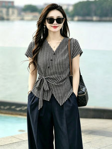 TIANQIANHUI | Check V-Neck Tied Waist Slimming Shirt