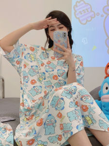 Summer Cartoon Loose plus Size Short Sleeve Sleepwear Womens Nightgown Thin Fabric Comfortable Home Clothes Milk Silk
