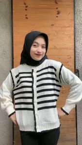 Cardigan Rajut Ruffle Motif Garis Wanita - Lengan Panjang Gaya Korea