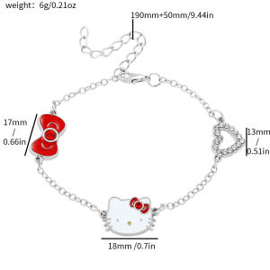 Sanrio | Cute Hello Kitty Enamel Bracelet Zinc Alloy with Kitty Head Red Bow & Rhinestone Heart Silver Tone Adjustable Wristband